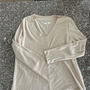 Beige Long Sleeve V-Neck Top